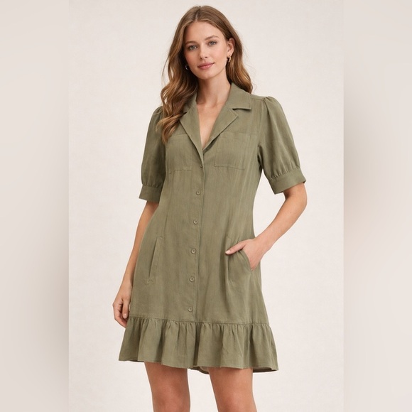 PAIGE Dresses & Skirts - PAIGE Olive Green Ruffle Hem Earthy collared Dress Utility Minimalist Large